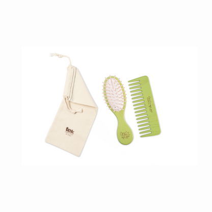 Tek - Kit Spazzola Mini & Pettine in Legno Verde | Con Custodia in Cotone Naturale