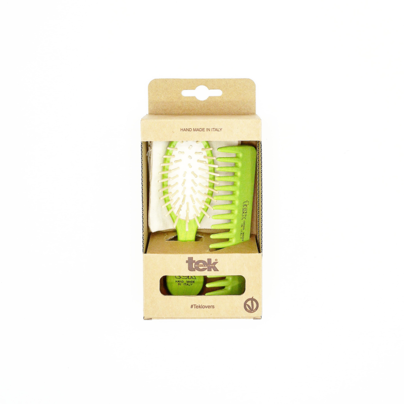 Tek - Kit Spazzola Mini & Pettine in Legno Verde | Con Custodia in Cotone Naturale