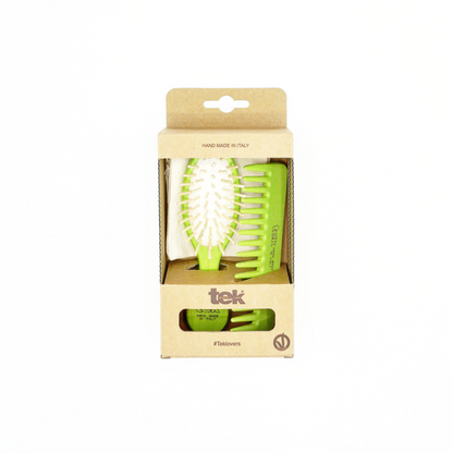 Tek - Kit Spazzola Mini & Pettine in Legno Verde | Con Custodia in Cotone Naturale
