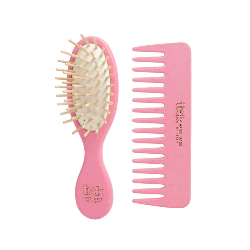 Tek - Kit Spazzola Mini & Pettine in Legno Rosa | Con Custodia in Cotone Naturale