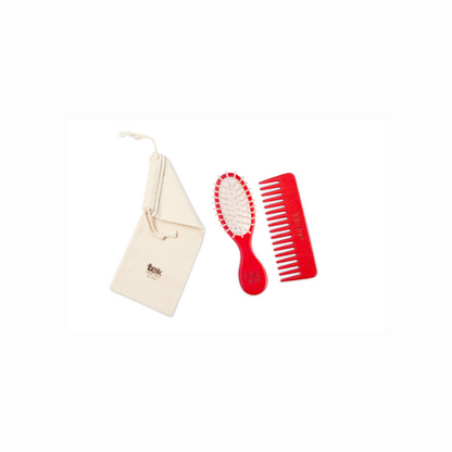Tek - Kit Spazzola Mini & Pettine in Legno Rosso | Con Custodia in Cotone Naturale