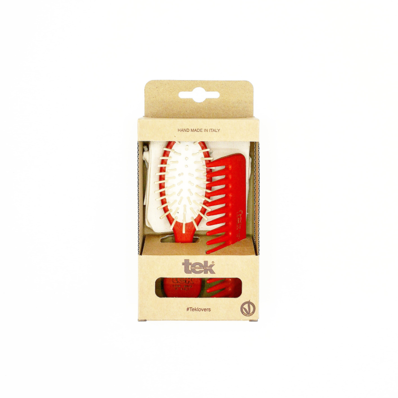 Tek - Kit Spazzola Mini & Pettine in Legno Rosso | Con Custodia in Cotone Naturale