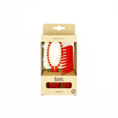 Tek - Kit Spazzola Mini & Pettine in Legno Rosso | Con Custodia in Cotone Naturale